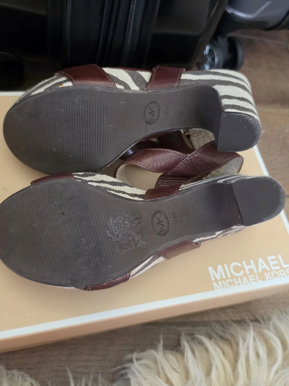 Michael Kors Maroon Leather Platform Sandals with Striped Fabric Heel
